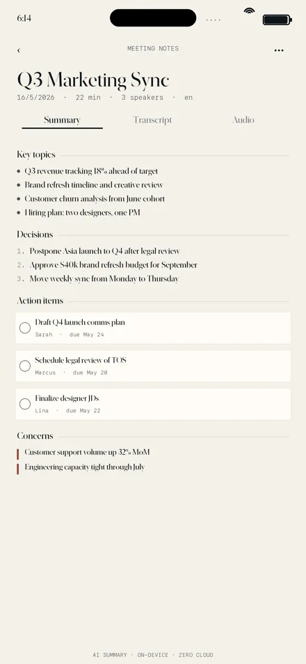 Colloquy summary screen for a recorded meeting, listing key topics, decisions and action items