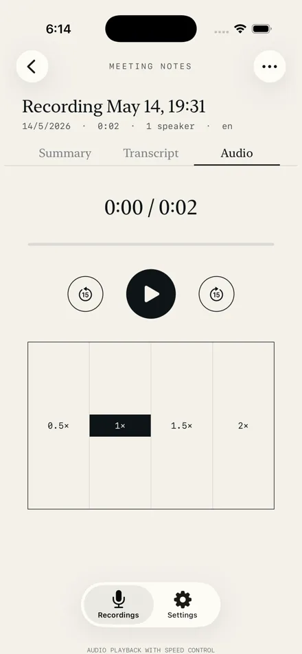 Colloquy audio playback screen with speed control from 0.5× to 2×