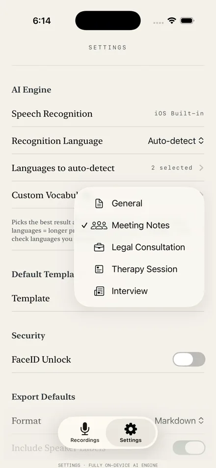 Colloquy settings with the summary template picker open: General, Meeting Notes, Legal Consultation, Therapy Session and Interview